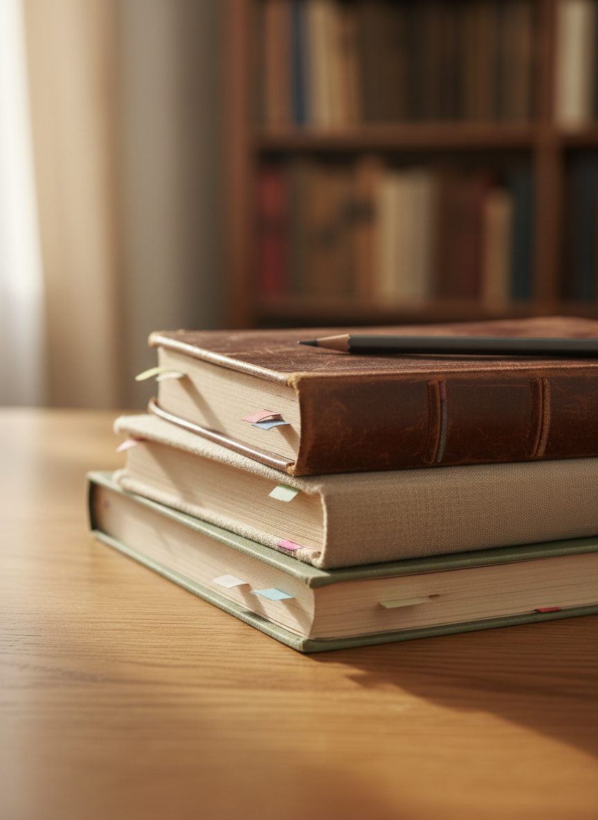 A close-up of a stack of well-used journals on a polished oak table, each with different textured covers: worn leather, soft linen, and matte cardstock in muted earth tones. Edges of pages are slightly frayed, some marked with thin colored tabs and neatly folded corners. A slim graphite pencil rests across the top journal, its tip finely sharpened. Soft morning window light washes over the stack from the left, creating gentle highlights on the textures and subtle shadows between the layers. Captured in photographic realism with a side-on, slightly low angle and shallow depth of field, the background dissolves into a vague blur of bookshelves, evoking discipline, history, and steady creative growth.