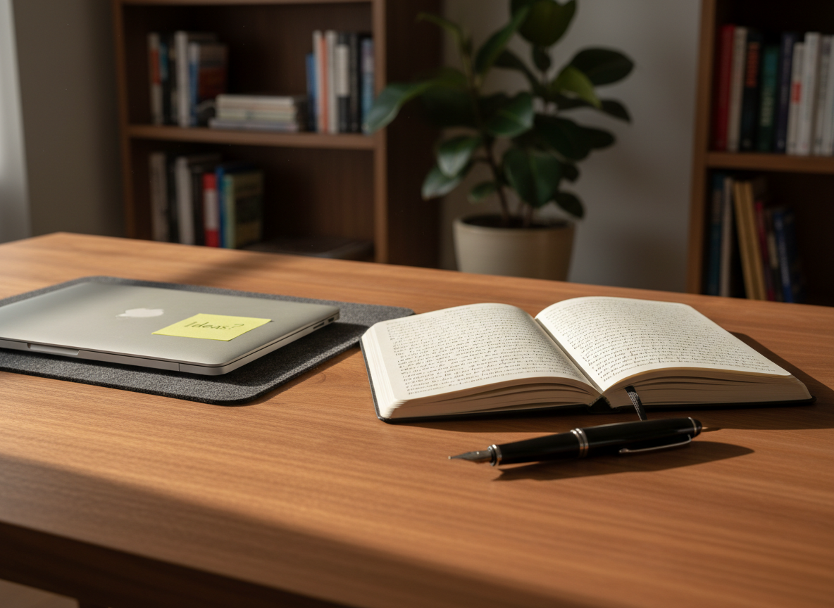 A neatly arranged wooden writing desk with a smooth, warm walnut surface, centered in a quiet home office. An open, cream-colored notebook filled with small, precise handwritten lines lies beside a weighted black fountain pen, its metal nib catching the light. A slim laptop rests closed to one side, with a single yellow sticky note on top. Late afternoon natural light filters through an unseen window, casting soft, angled shadows and a calm, contemplative glow. Photographic realism from a slightly elevated eye-level angle, using a shallow depth of field so the foreground notebook is tack-sharp while shelves of blurred books and a distant plant form a gentle, professional background.
